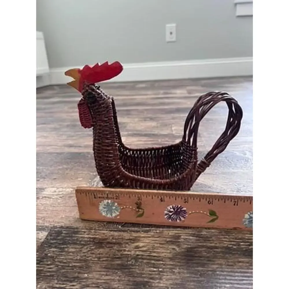 Vintage Wicker Rooster Basket | Handwoven Chicken with Carved Wooden Head